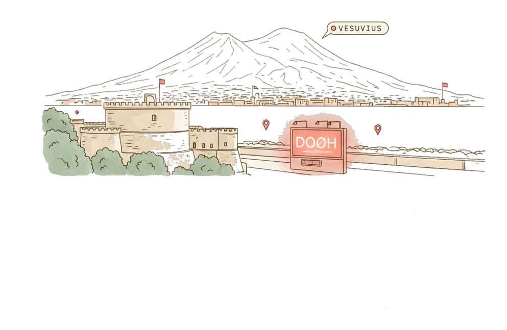 Illustrated Naples landmark with glowing coral Blindspot DOOH advertising screens