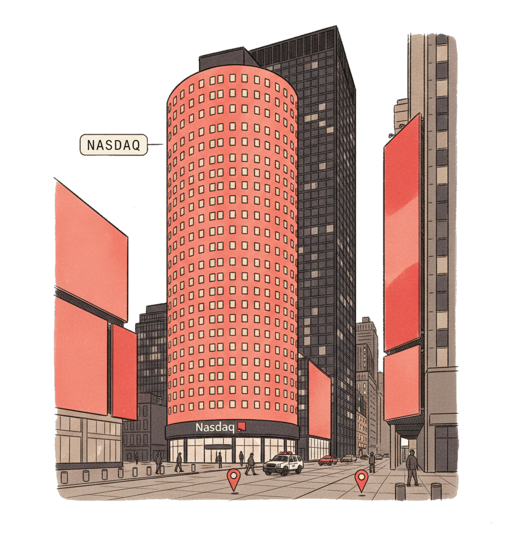 Illustrated Times Square DOOH screens and the Nasdaq Tower with glowing coral Blindspot DOOH advertising screens