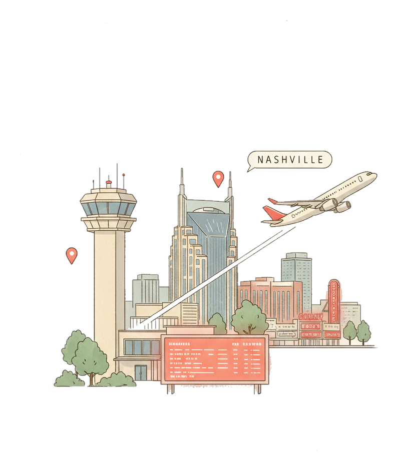 Illustrated Nashville International Airport landmark with glowing coral Blindspot DOOH advertising screens