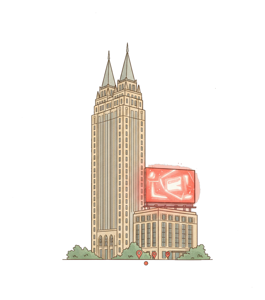 Illustrated Nashville landmark with glowing coral Blindspot DOOH advertising screens