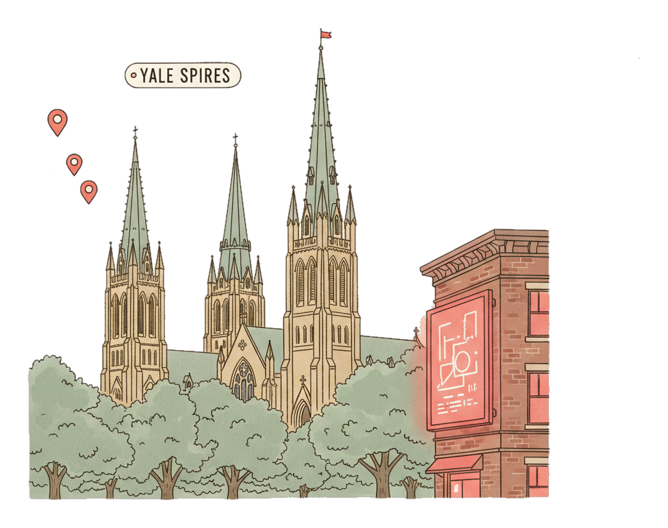 Illustrated New Haven landmark with glowing coral Blindspot DOOH advertising screens