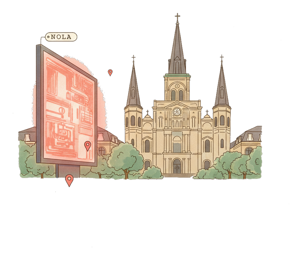 Illustrated New Orleans landmark with glowing coral Blindspot DOOH advertising screens