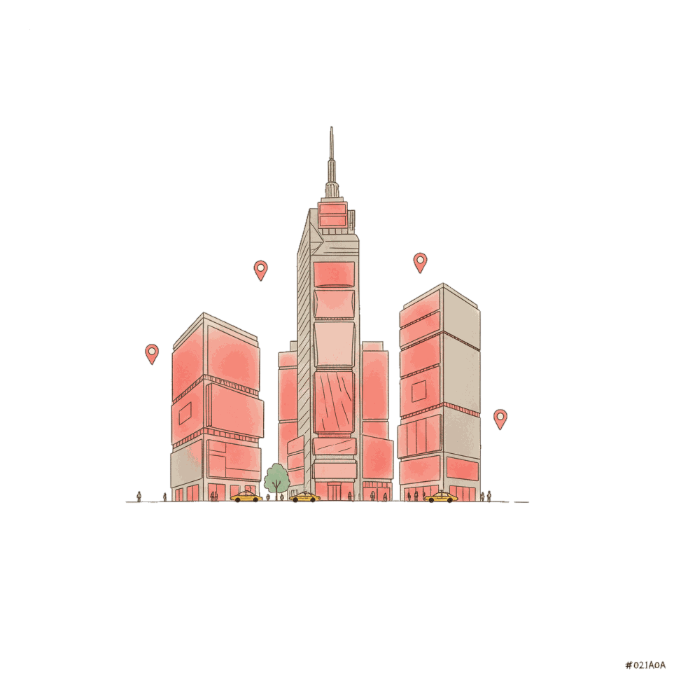 Illustrated new-york-digital-billboards-times-square landmark with glowing coral Blindspot DOOH advertising screens