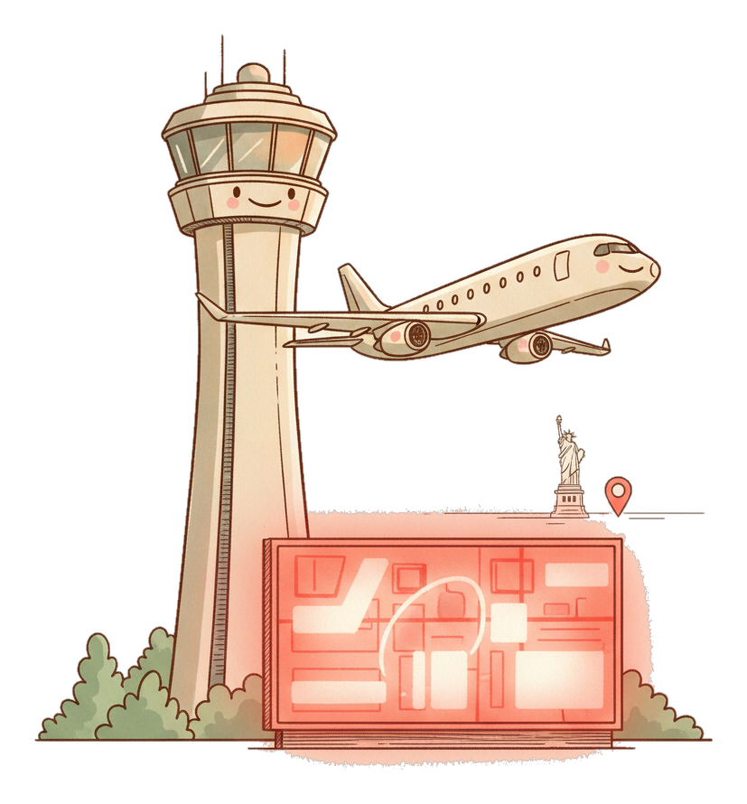 Illustrated New York JFK landmark with glowing coral Blindspot DOOH advertising screens