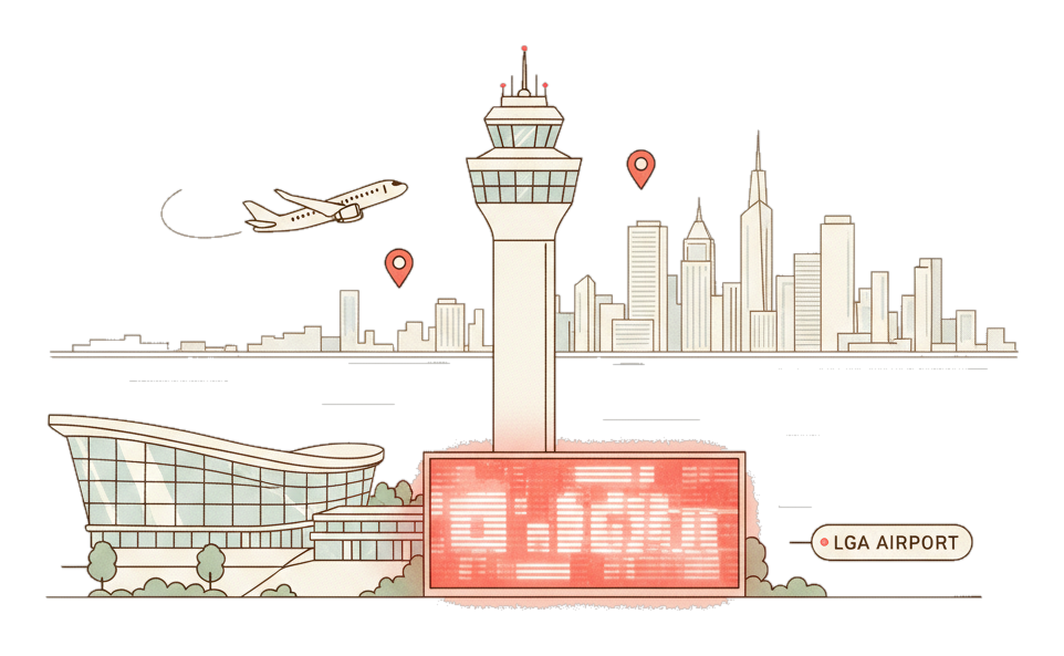 Illustrated LaGuardia Airport landmark with glowing coral Blindspot DOOH advertising screens