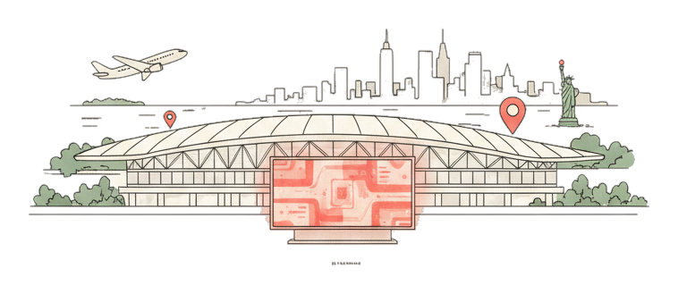 Illustrated Newark Liberty International landmark with glowing coral Blindspot DOOH advertising screens