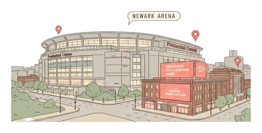 Illustrated Newark landmark with glowing coral Blindspot DOOH advertising screens