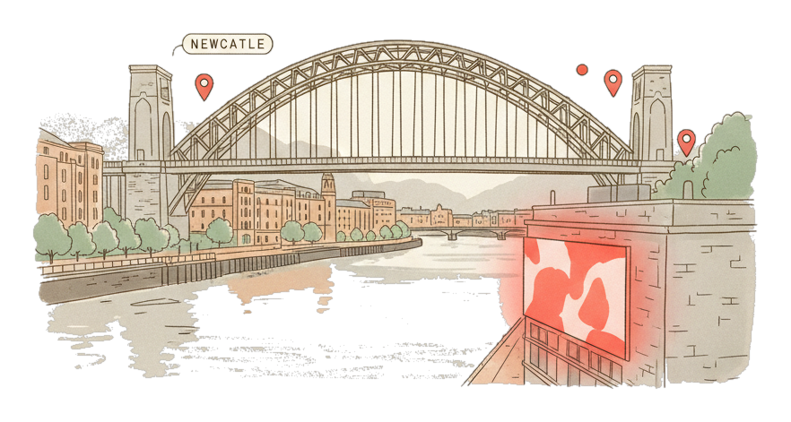 Illustrated Newcastle upon Tyne landmark with glowing coral Blindspot DOOH advertising screens