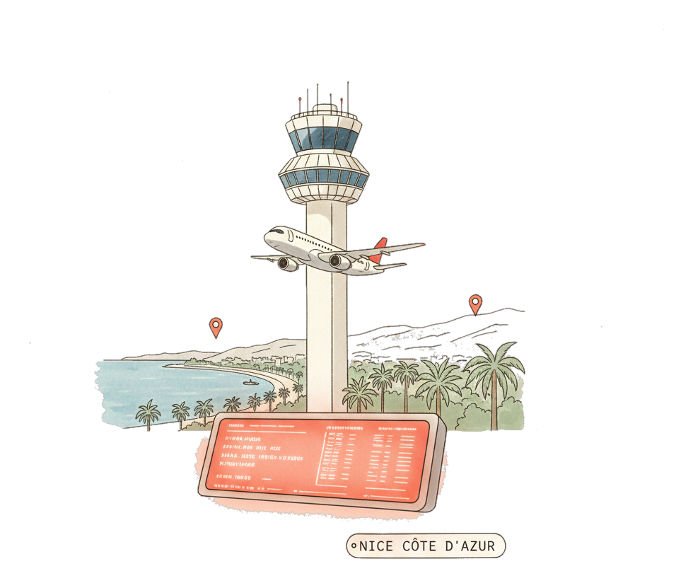 Illustrated Nice Cote d'Azur Airport landmark with glowing coral Blindspot DOOH advertising screens
