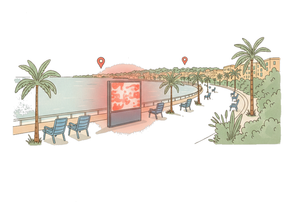 Illustrated Nice landmark with glowing coral Blindspot DOOH advertising screens