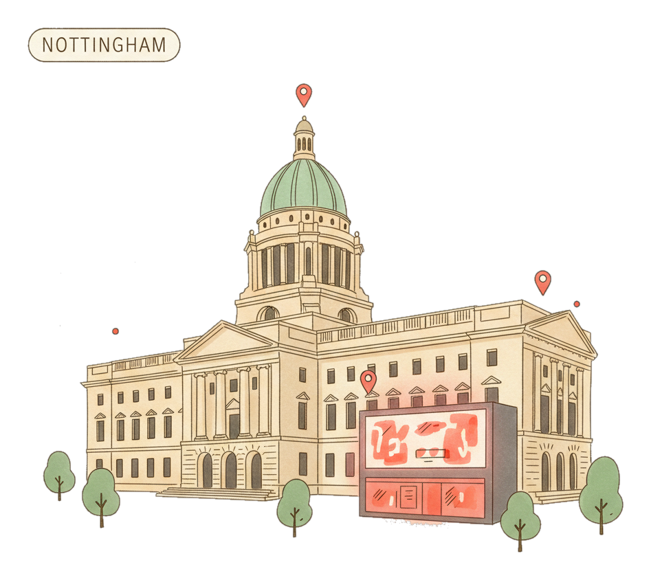 Illustrated Nottingham landmark with glowing coral Blindspot DOOH advertising screens