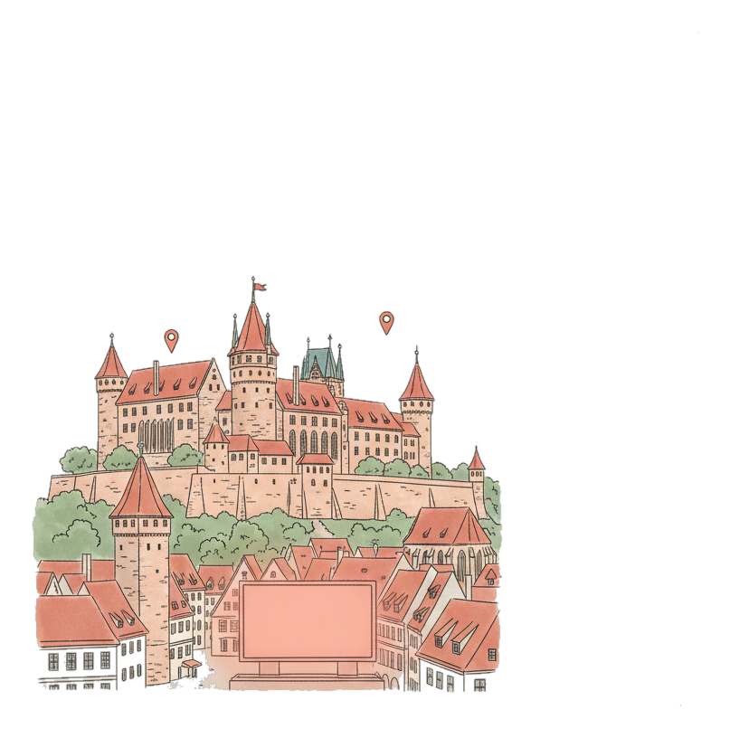 Illustrated Nuremberg landmark with glowing coral Blindspot DOOH advertising screens
