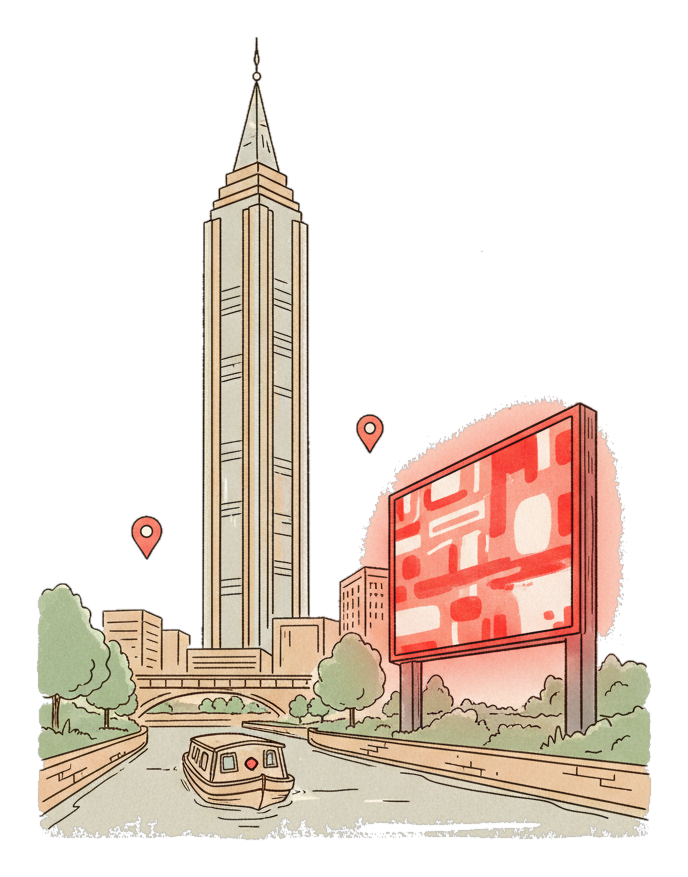 Illustrated Oklahoma City landmark with glowing coral Blindspot DOOH advertising screens
