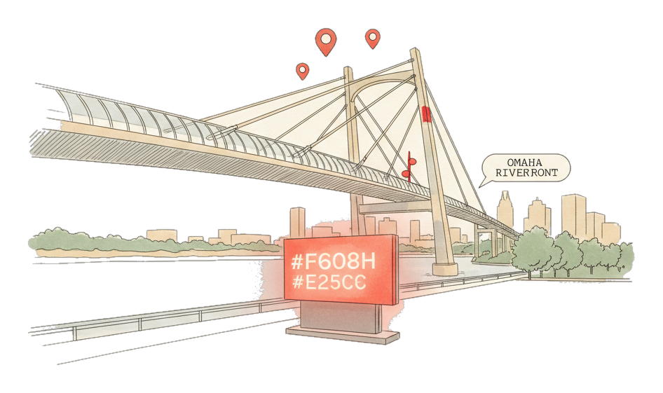 Illustrated Omaha landmark with glowing coral Blindspot DOOH advertising screens