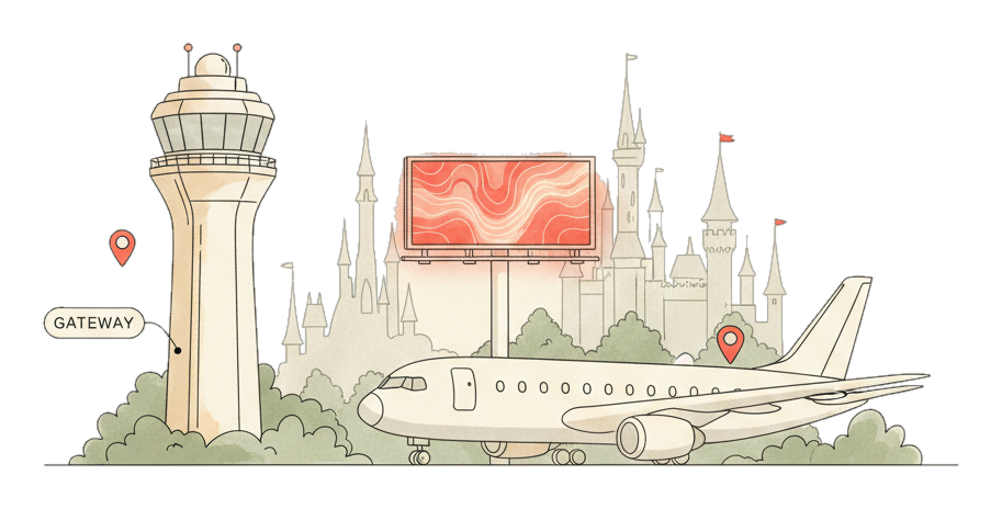 Illustrated Orlando Airport landmark with glowing coral Blindspot DOOH advertising screens