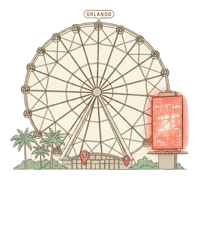 Illustrated Orlando landmark with glowing coral Blindspot DOOH advertising screens