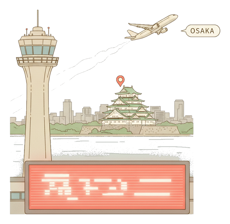 Illustrated Kansai International Airport landmark with glowing coral Blindspot DOOH advertising screens