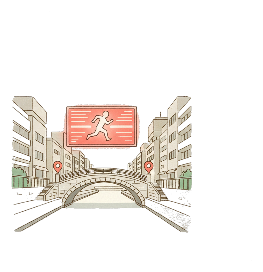 Illustrated Osaka landmark with glowing coral Blindspot DOOH advertising screens