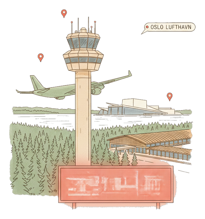 Illustrated Oslo Airport, Gardermoen landmark with glowing coral Blindspot DOOH advertising screens