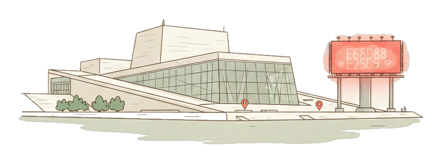 Illustrated Oslo landmark with glowing coral Blindspot DOOH advertising screens