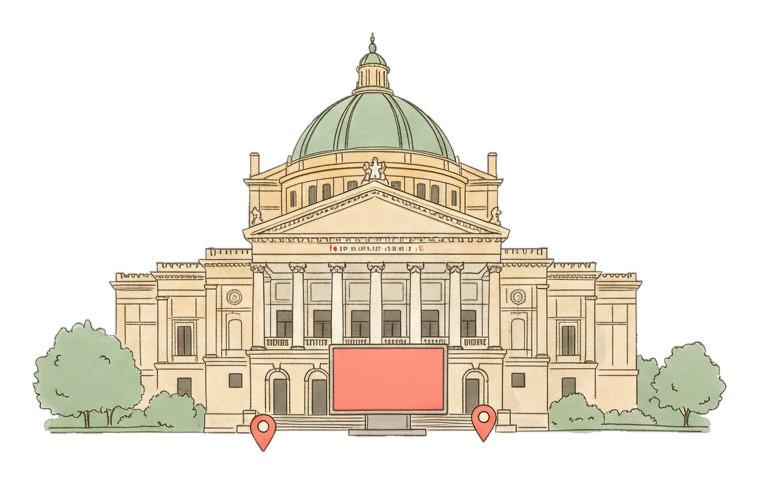 Illustrated Palermo landmark with glowing coral Blindspot DOOH advertising screens