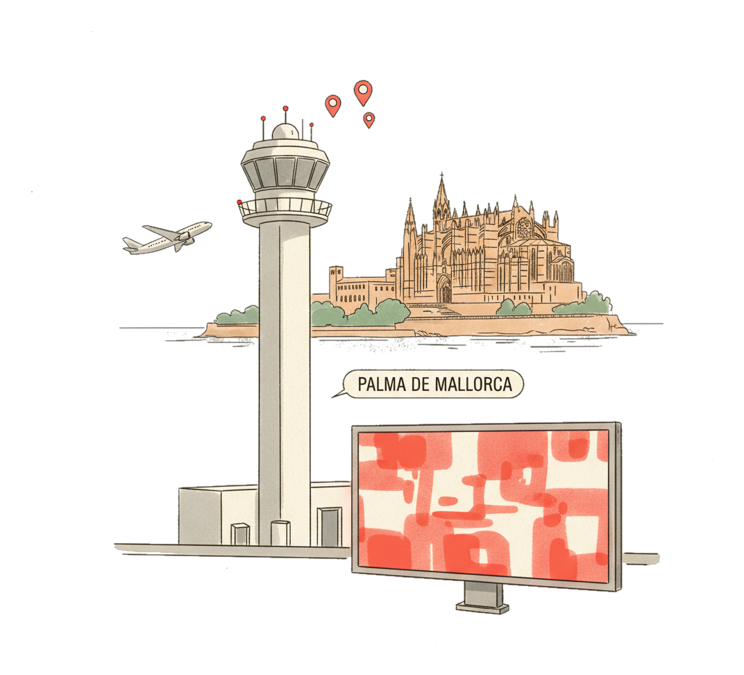 Illustrated Palma de Mallorca Airport landmark with glowing coral Blindspot DOOH advertising screens