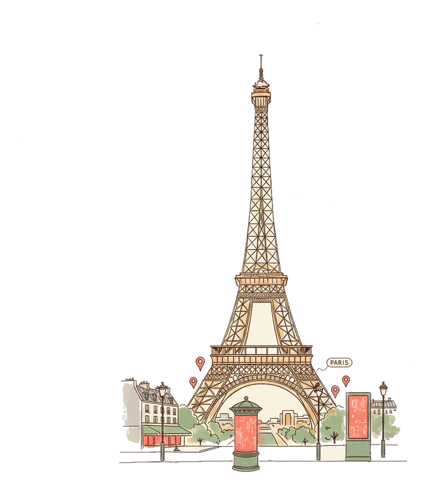 Illustrated Eiffel Tower with glowing coral Parisian street-furniture advertising screens, Blindspot DOOH in Paris