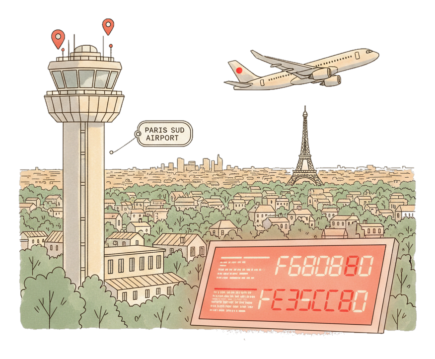 Illustrated Paris Orly Airport landmark with glowing coral Blindspot DOOH advertising screens