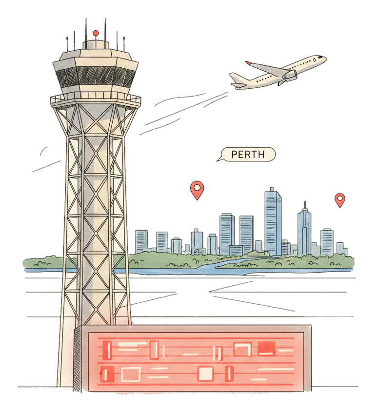 Illustrated Perth Airport landmark with glowing coral Blindspot DOOH advertising screens