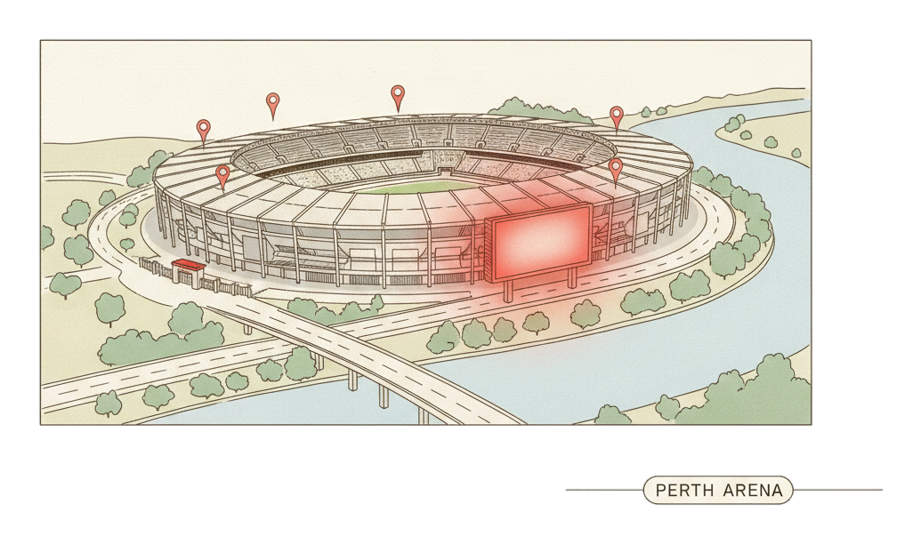 Illustrated Perth landmark with glowing coral Blindspot DOOH advertising screens