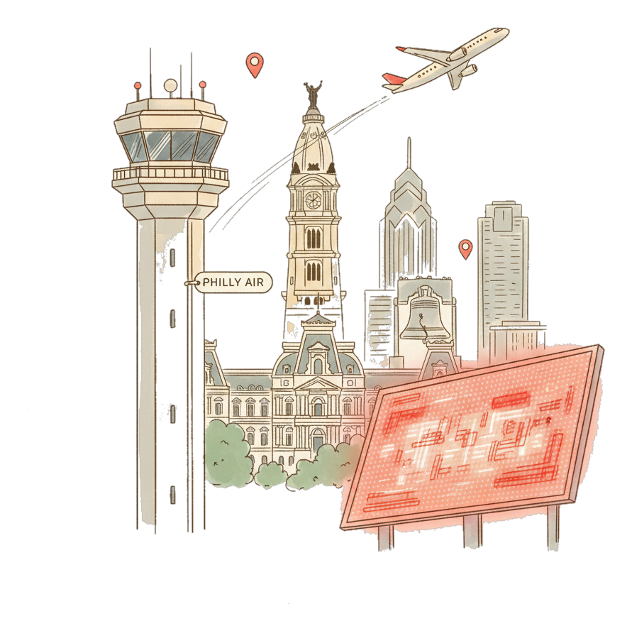 Illustrated Philadelphia International Airport landmark with glowing coral Blindspot DOOH advertising screens