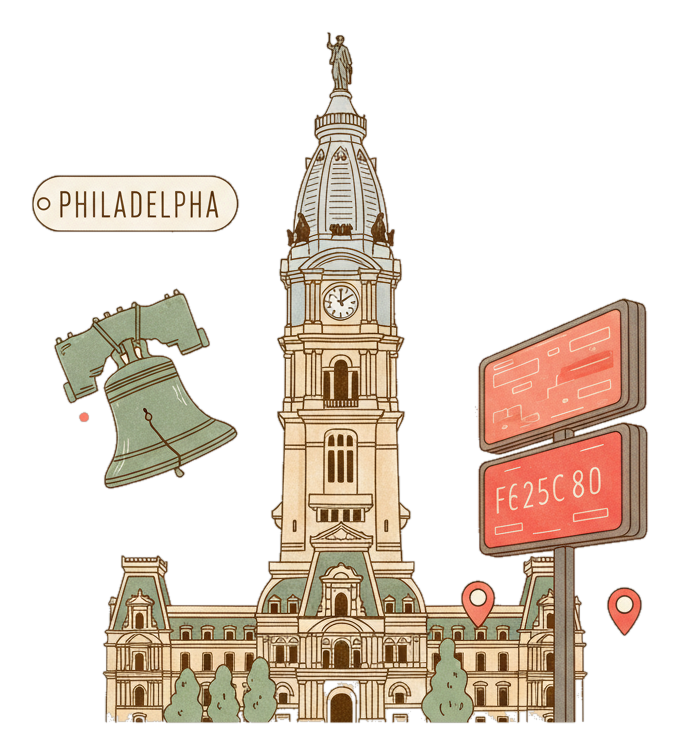 Illustrated Philadelphia City Hall and the Liberty Bell with glowing coral Blindspot DOOH advertising screens