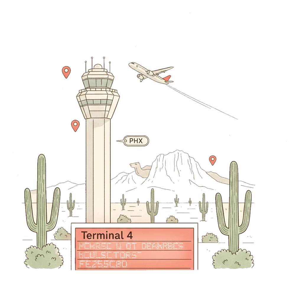 Illustrated Phoenix Airport landmark with glowing coral Blindspot DOOH advertising screens