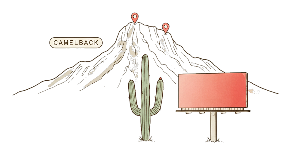 Illustrated Phoenix landmark with glowing coral Blindspot DOOH advertising screens