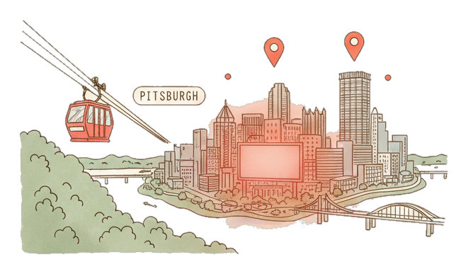 Illustrated Pittsburgh landmark with glowing coral Blindspot DOOH advertising screens