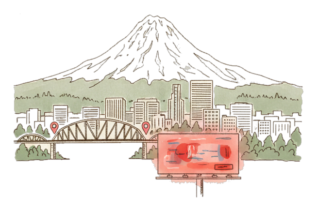Illustrated Portland landmark with glowing coral Blindspot DOOH advertising screens