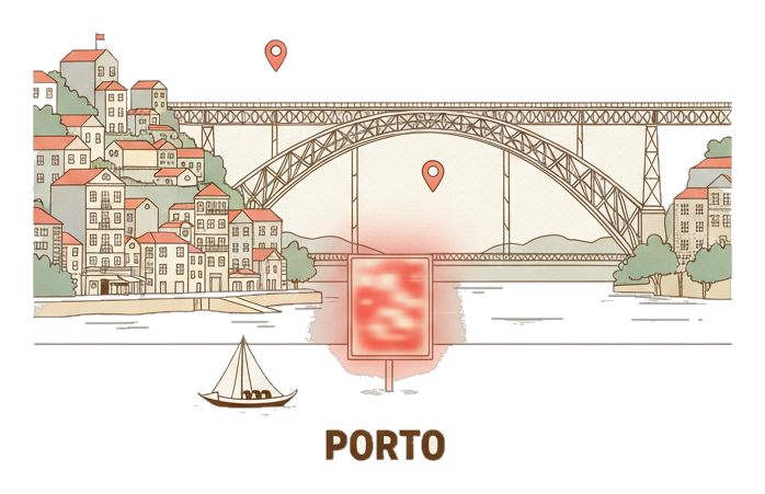 Illustrated Porto landmark with glowing coral Blindspot DOOH advertising screens