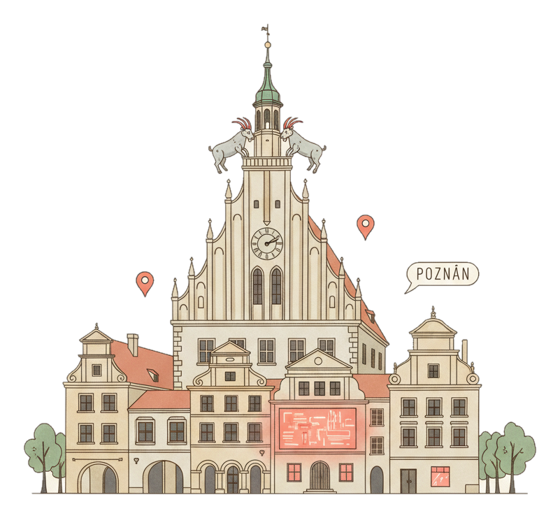Illustrated Poznan landmark with glowing coral Blindspot DOOH advertising screens