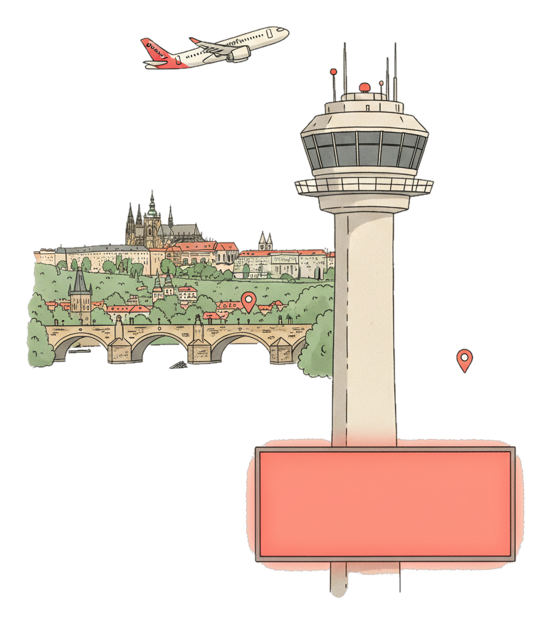 Illustrated Václav Havel Airport Prague landmark with glowing coral Blindspot DOOH advertising screens