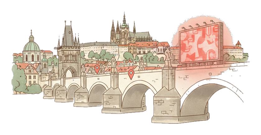 Illustrated Prague landmark with glowing coral Blindspot DOOH advertising screens
