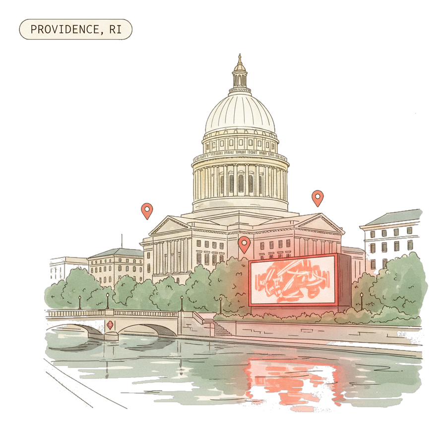 Illustrated Providence landmark with glowing coral Blindspot DOOH advertising screens
