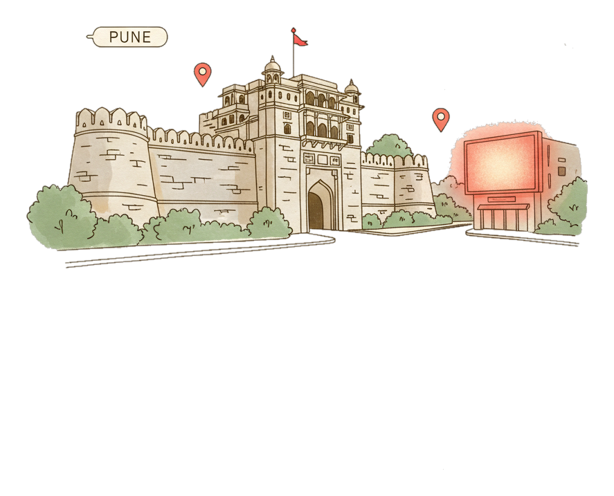 Illustrated Pune landmark with glowing coral Blindspot DOOH advertising screens