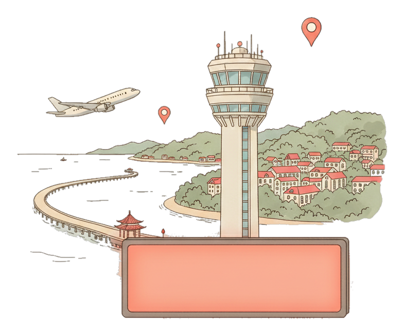 Illustrated Qingdao Jiaodong International Airport landmark with glowing coral Blindspot DOOH advertising screens