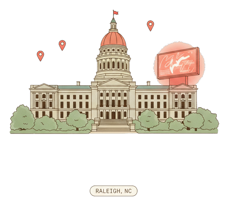Illustrated Raleigh landmark with glowing coral Blindspot DOOH advertising screens