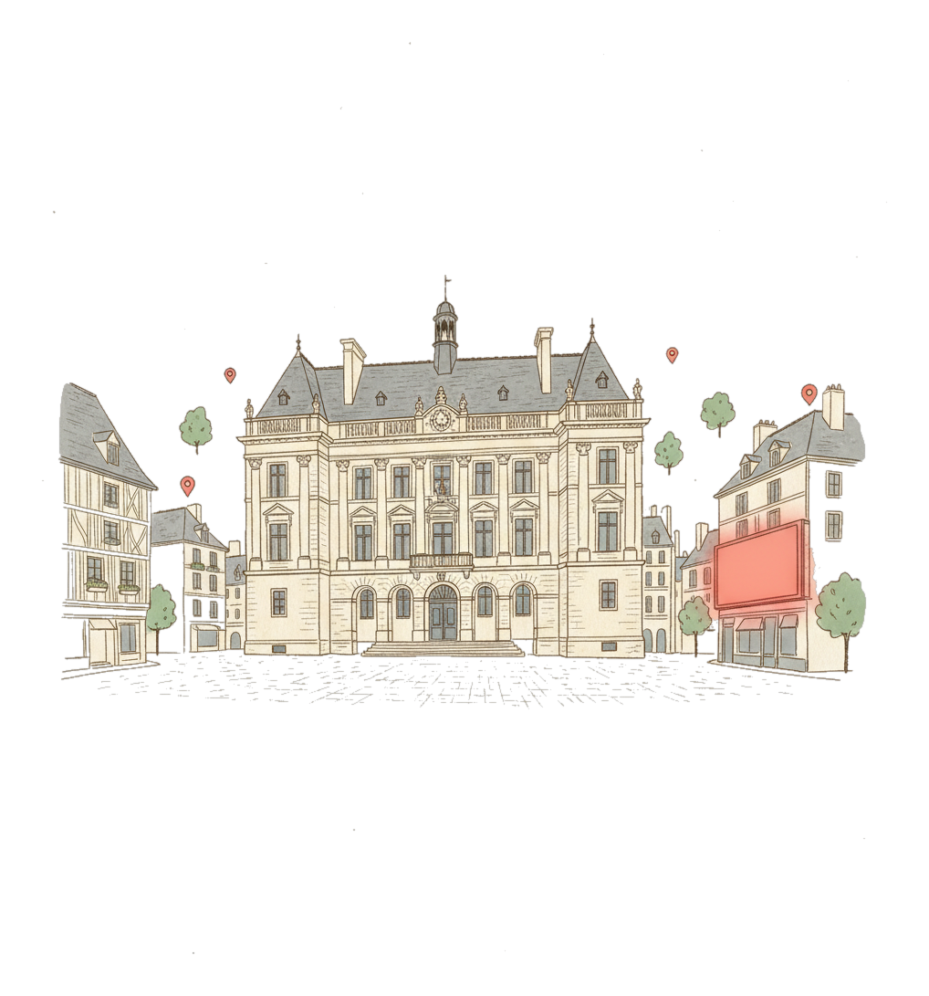 Illustrated Rennes landmark with glowing coral Blindspot DOOH advertising screens