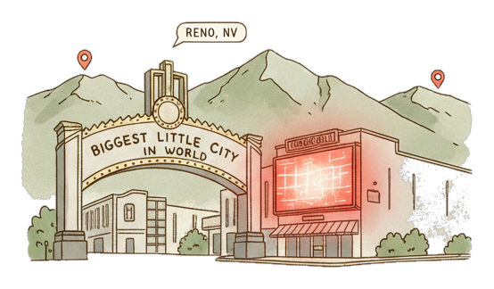 Illustrated Reno landmark with glowing coral Blindspot DOOH advertising screens