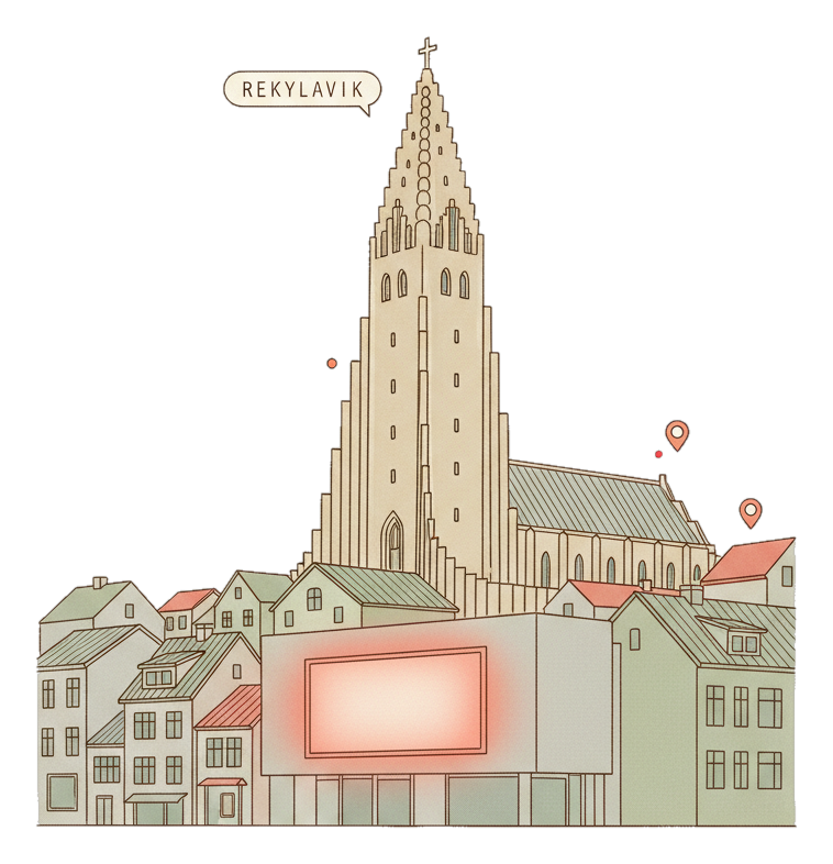 Illustrated Reykjavik landmark with glowing coral Blindspot DOOH advertising screens