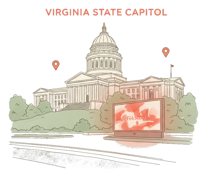 Illustrated Richmond landmark with glowing coral Blindspot DOOH advertising screens