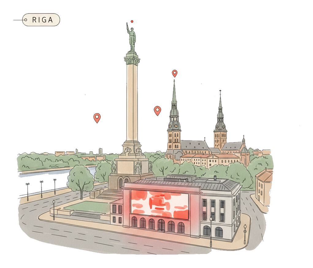 Illustrated Riga landmark with glowing coral Blindspot DOOH advertising screens