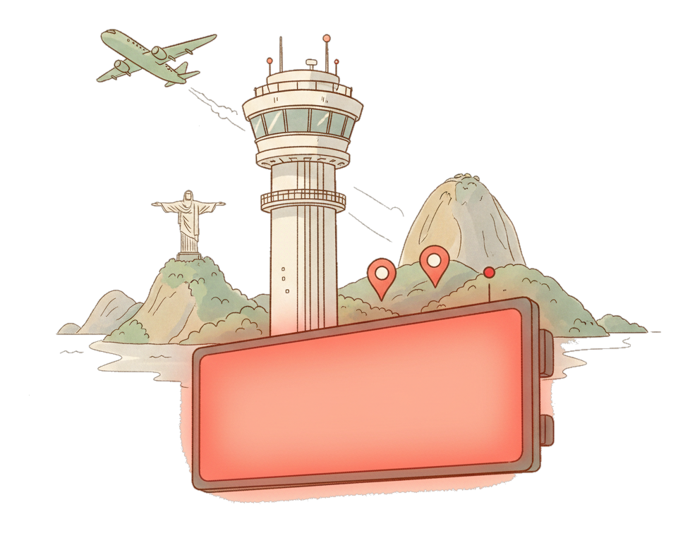 Illustrated Rio de Janeiro/Galeão International Airport landmark with glowing coral Blindspot DOOH advertising screens